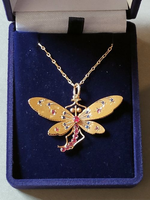 VICTORIAN 18CT GOLD SAPPHIRE AND RUBY PASTE DRAGONFLY NECKLACE PENDANT - ADDITIONAL PHOTO 8