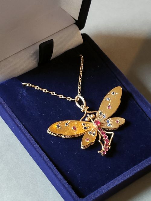 VICTORIAN 18CT GOLD SAPPHIRE AND RUBY PASTE DRAGONFLY NECKLACE PENDANT - ADDITIONAL PHOTO 9