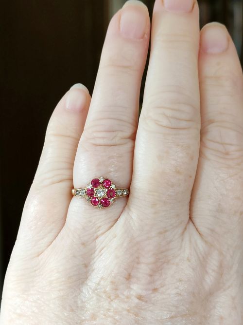 BEAUTIFUL ANTIQUE VICTORIAN 18CT RUBY DIAMOND CLUSTER RING - ADDITIONAL PHOTO 7