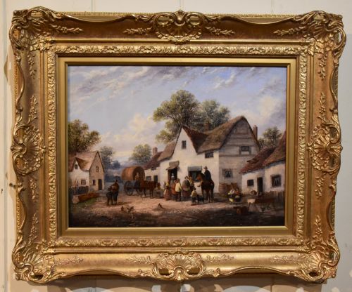 oil painting after william lara traveller's outside the inn - CATEGORY: ANTIQUE ART - DATED 19TH CENTURY