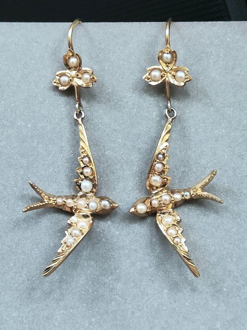 RARE VICTORIAN 15CT GOLD PEARL SWALLOW EARRINGS - ADDITIONAL PHOTO 1