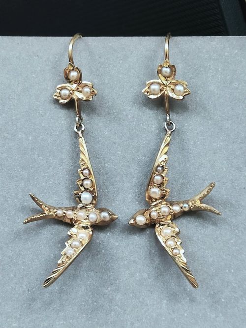 RARE VICTORIAN 15CT GOLD PEARL SWALLOW EARRINGS - ADDITIONAL PHOTO 2