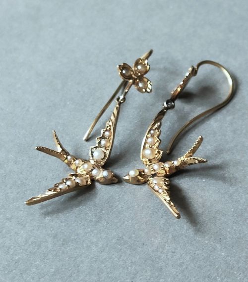 RARE VICTORIAN 15CT GOLD PEARL SWALLOW EARRINGS - ADDITIONAL PHOTO 4