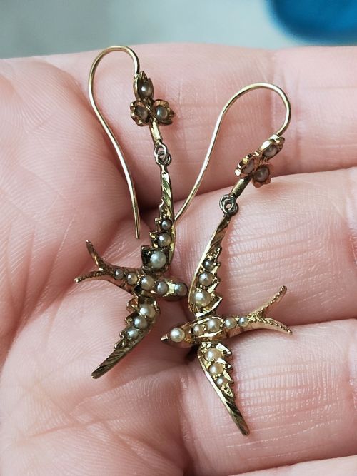 RARE VICTORIAN 15CT GOLD PEARL SWALLOW EARRINGS - ADDITIONAL PHOTO 5