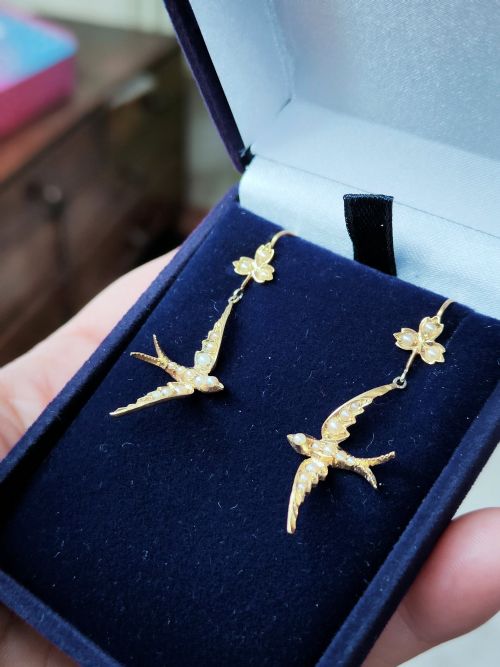 RARE VICTORIAN 15CT GOLD PEARL SWALLOW EARRINGS - ADDITIONAL PHOTO 7