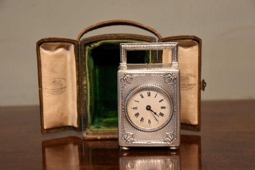 silver miniature carriage timepiece by goldsmiths silversmiths - CATEGORY: ANTIQUE CLOCKS - DATED EDWARDIAN