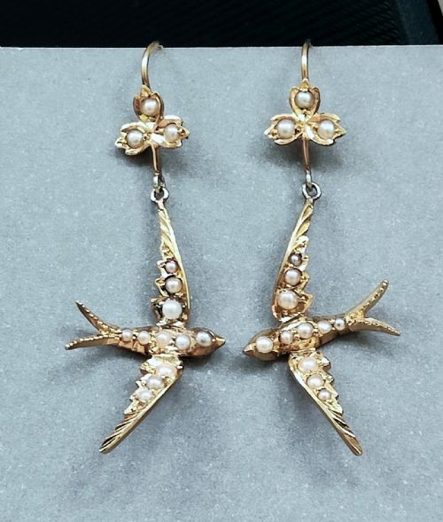 rare victorian 15ct gold pearl swallow earrings - CATEGORY: ANTIQUE JEWELLERY - DATED VICTORIAN