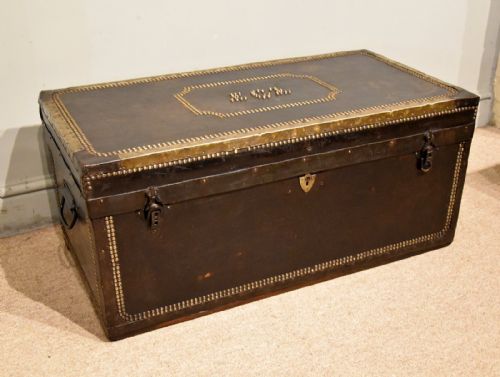 19th century regency leather brass iron bound coaching trunk - CATEGORY: ANTIQUE CHESTS - DATED 19TH CENTURY