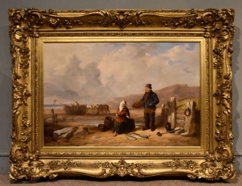oil painting by isaac henzell fisherfolk by the shore - CATEGORY: ANTIQUE ART - DATED 19TH CENTURY