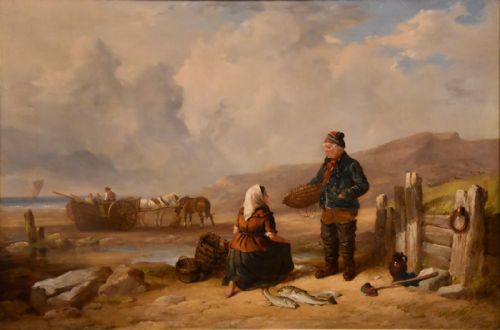 OIL PAINTING BY ISAAC HENZELL FISHERFOLK BY THE SHORE - ADDITIONAL PHOTO 1