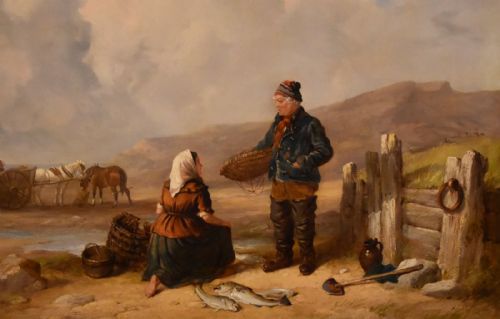 OIL PAINTING BY ISAAC HENZELL FISHERFOLK BY THE SHORE - ADDITIONAL PHOTO 4