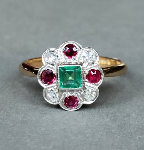 art deco 18ct gold platinum emerald ruby diamond ring - CATEGORY: ANTIQUE JEWELLERY - DATED 19TH CENTURY