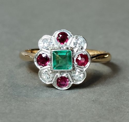 ART DECO 18CT GOLD PLATINUM EMERALD RUBY DIAMOND RING - ADDITIONAL PHOTO 1