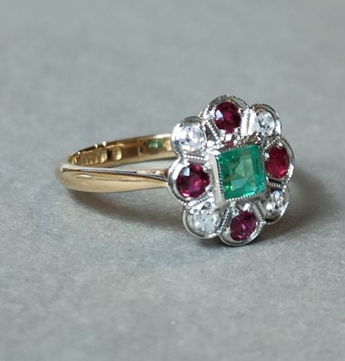 ART DECO 18CT GOLD PLATINUM EMERALD RUBY DIAMOND RING - ADDITIONAL PHOTO 2