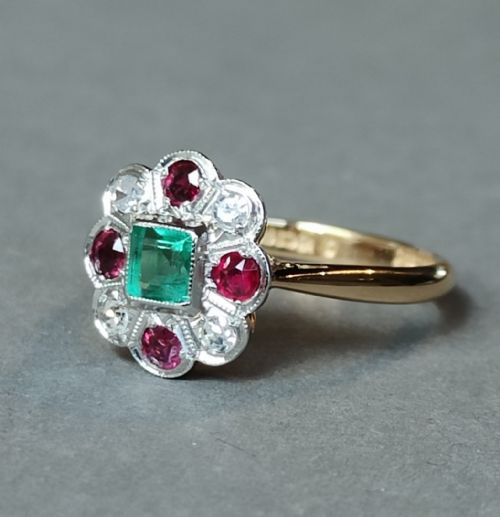 ART DECO 18CT GOLD PLATINUM EMERALD RUBY DIAMOND RING - ADDITIONAL PHOTO 3