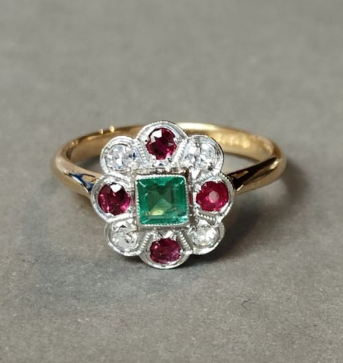 ART DECO 18CT GOLD PLATINUM EMERALD RUBY DIAMOND RING - ADDITIONAL PHOTO 4