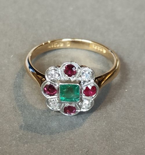 ART DECO 18CT GOLD PLATINUM EMERALD RUBY DIAMOND RING - ADDITIONAL PHOTO 5