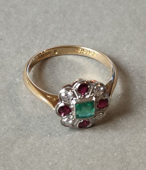 ART DECO 18CT GOLD PLATINUM EMERALD RUBY DIAMOND RING - ADDITIONAL PHOTO 7