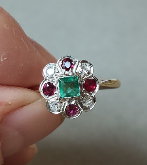 ART DECO 18CT GOLD PLATINUM EMERALD RUBY DIAMOND RING - ADDITIONAL PHOTO 8