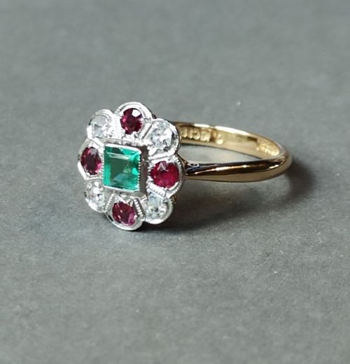 ART DECO 18CT GOLD PLATINUM EMERALD RUBY DIAMOND RING - ADDITIONAL PHOTO 9