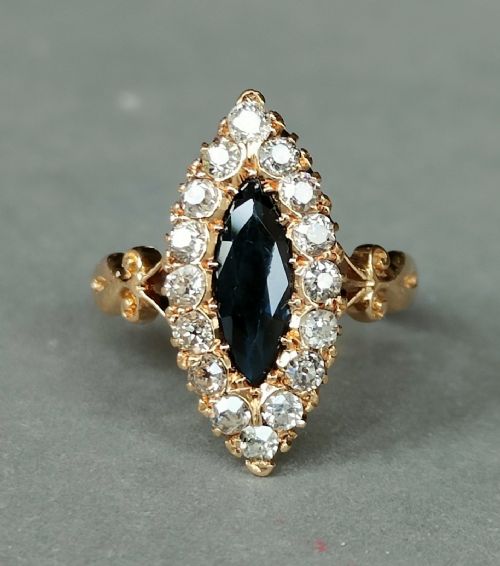 edwardian 18ct gold sapphire diamond marquise ring - CATEGORY: ANTIQUE JEWELLERY - DATED EDWARDIAN