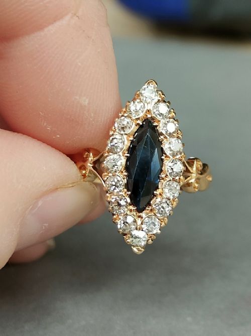 EDWARDIAN 18CT GOLD SAPPHIRE DIAMOND MARQUISE RING - ADDITIONAL PHOTO 6