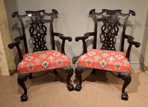 19th century pair of irish mahogany carved armchairs - CATEGORY: ANTIQUE CHAIRS - DATED 19TH CENTURY