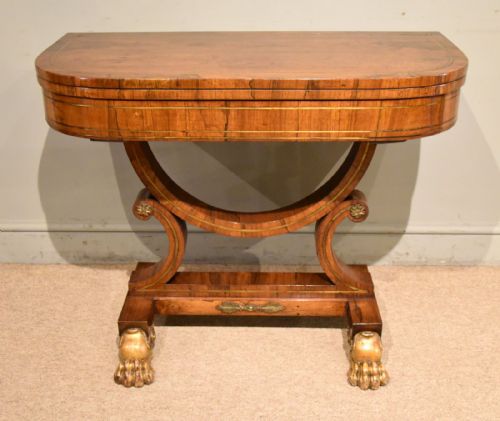regency rosewood veneered brass inlaid card table - CATEGORY: ANTIQUE TABLES - DATED REGENCY
