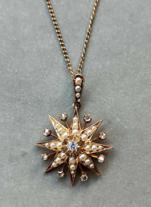 VICTORIAN 15CT GOLD DIAMOND PEARL STAR PENDANT - ADDITIONAL PHOTO 1