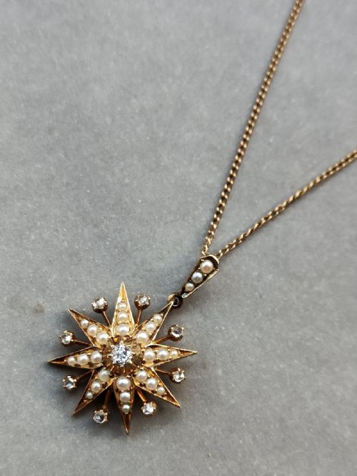VICTORIAN 15CT GOLD DIAMOND PEARL STAR PENDANT - ADDITIONAL PHOTO 2