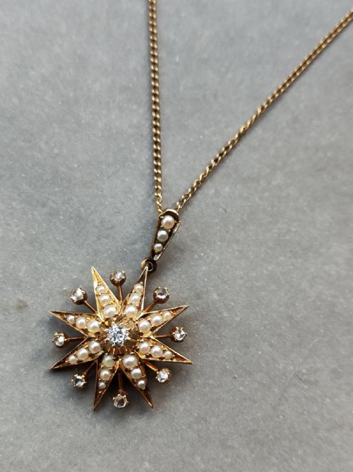 VICTORIAN 15CT GOLD DIAMOND PEARL STAR PENDANT - ADDITIONAL PHOTO 3