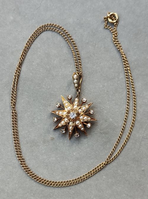 VICTORIAN 15CT GOLD DIAMOND PEARL STAR PENDANT - ADDITIONAL PHOTO 4