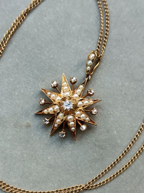 VICTORIAN 15CT GOLD DIAMOND PEARL STAR PENDANT - ADDITIONAL PHOTO 5