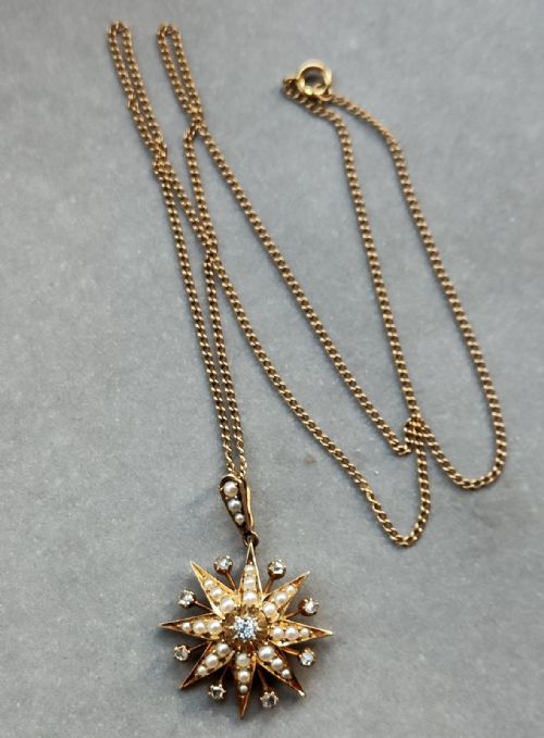 VICTORIAN 15CT GOLD DIAMOND PEARL STAR PENDANT - ADDITIONAL PHOTO 6