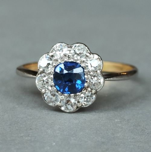 edwardian 18ct gold sapphire diamond daisy cluster ring - CATEGORY: ANTIQUE JEWELLERY - DATED EDWARDIAN