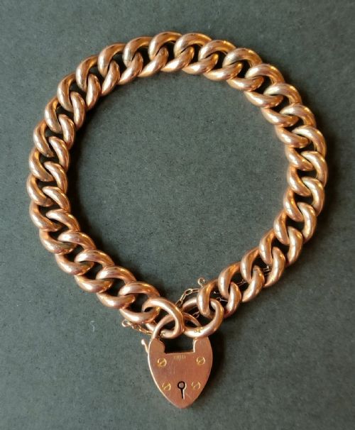 victorian heavy 9ct rose gold curb chain heart padlock bracelet 215g - CATEGORY: ANTIQUE JEWELLERY - DATED VICTORIAN
