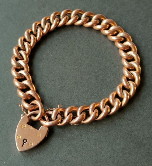 VICTORIAN HEAVY 9CT ROSE GOLD CURB CHAIN HEART PADLOCK BRACELET 215G - ADDITIONAL PHOTO 1