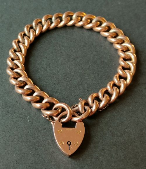 VICTORIAN HEAVY 9CT ROSE GOLD CURB CHAIN HEART PADLOCK BRACELET 215G - ADDITIONAL PHOTO 2