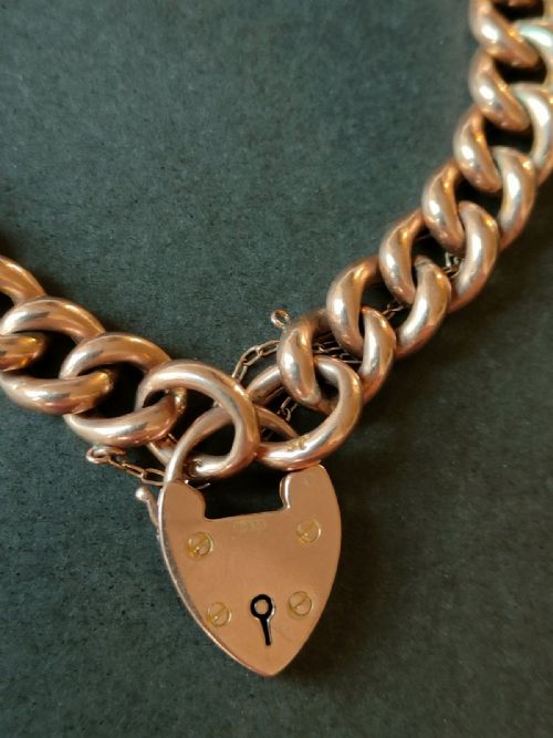 VICTORIAN HEAVY 9CT ROSE GOLD CURB CHAIN HEART PADLOCK BRACELET 215G - ADDITIONAL PHOTO 3