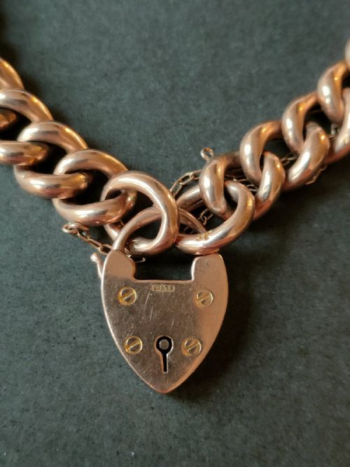 VICTORIAN HEAVY 9CT ROSE GOLD CURB CHAIN HEART PADLOCK BRACELET 215G - ADDITIONAL PHOTO 5