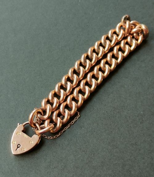 VICTORIAN HEAVY 9CT ROSE GOLD CURB CHAIN HEART PADLOCK BRACELET 215G - ADDITIONAL PHOTO 6
