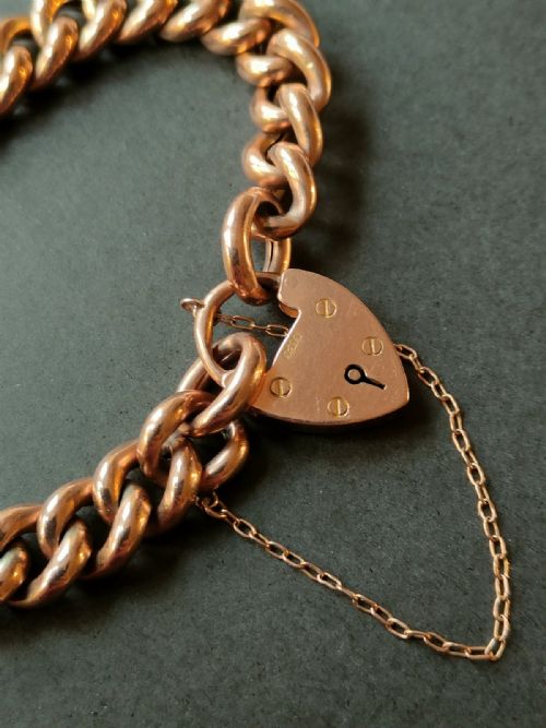 VICTORIAN HEAVY 9CT ROSE GOLD CURB CHAIN HEART PADLOCK BRACELET 215G - ADDITIONAL PHOTO 8