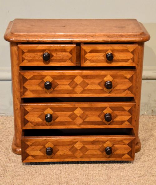 VICTORIAN OAK PARQUETRY MINIATURE CHEST OF DRAWERS - ADDITIONAL PHOTO 1