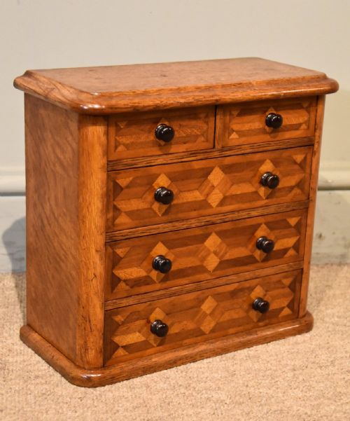 VICTORIAN OAK PARQUETRY MINIATURE CHEST OF DRAWERS - ADDITIONAL PHOTO 4