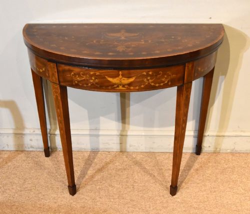 18th century mahogany inlaid demi lune card table - CATEGORY: ANTIQUE TABLES - DATED GEORGIAN