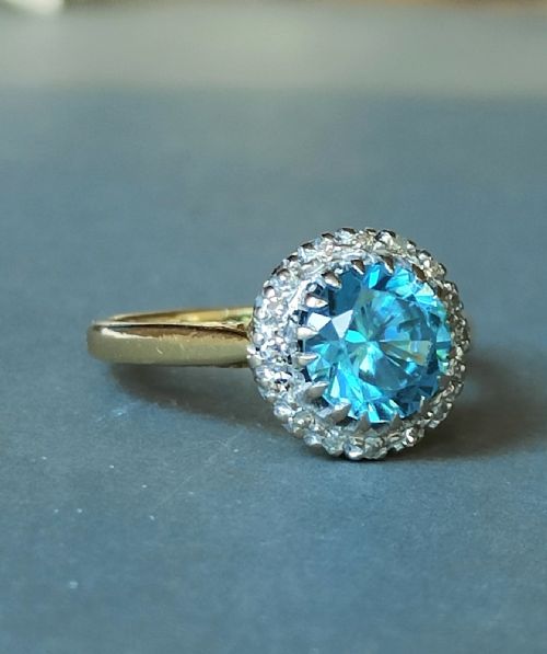 ART DECO 18CT GOLD DIAMOND NATURAL BLUE ZIRCON RING C1923 - ADDITIONAL PHOTO 1