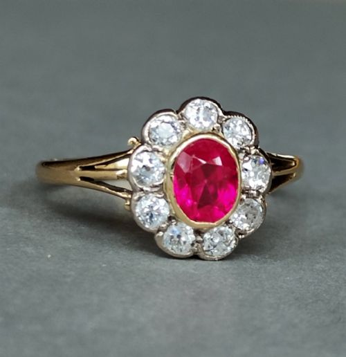 BEAUTIFUL ANTIQUE 18CT GOLD RUBY DIAMOND CLUSTER RING - ADDITIONAL PHOTO 7