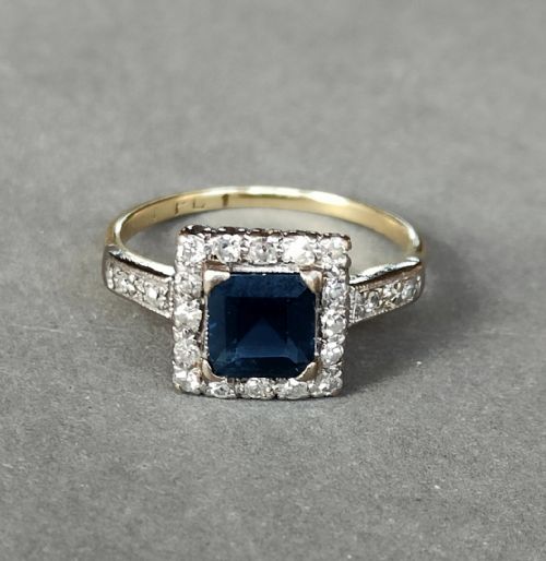 LARGE ART DECO 18CT GOLD PLATINUM SAPPHIRE DIAMOND CLUSTER RING - ADDITIONAL PHOTO 6