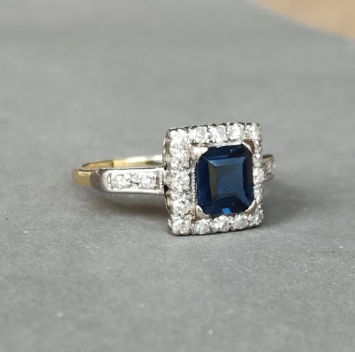 LARGE ART DECO 18CT GOLD PLATINUM SAPPHIRE DIAMOND CLUSTER RING - ADDITIONAL PHOTO 7