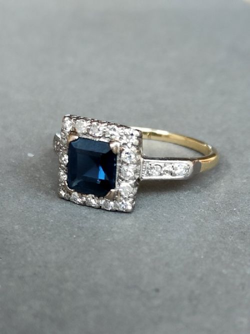 LARGE ART DECO 18CT GOLD PLATINUM SAPPHIRE DIAMOND CLUSTER RING - ADDITIONAL PHOTO 9
